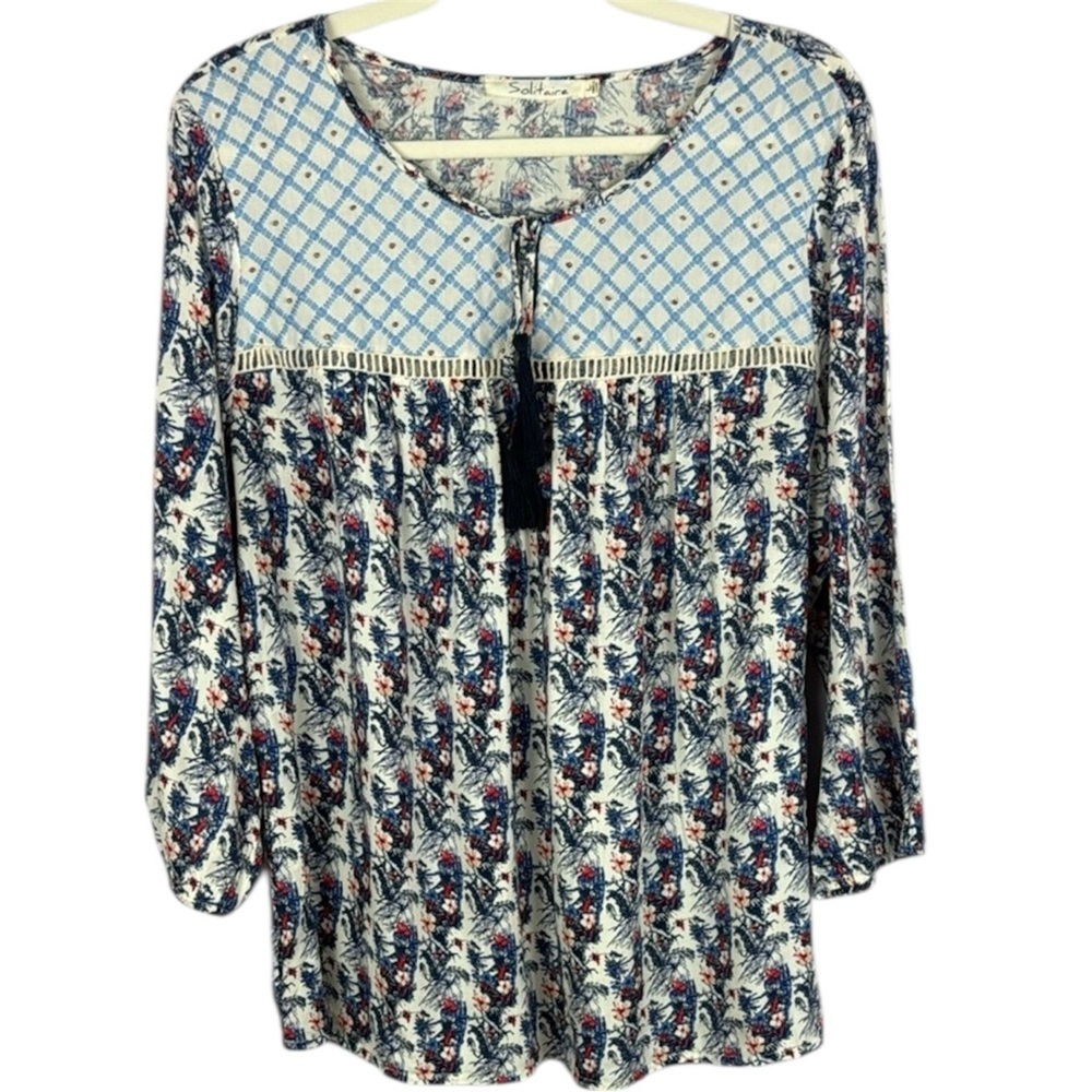 Solitaire Blue & White Floral Tie Front 3/4 Sleeve Bib Collar Blouse Size Large